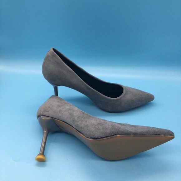 Gray Pointed Toe Pumps Mid Heel Stilettos Slip On Office Dress Shoe - Picture 6 of 9